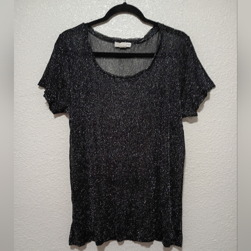 🎉SALE Derek Heart Black Sheer Mesh Sparkling Scoop Neck Top - Picture 2 of 6